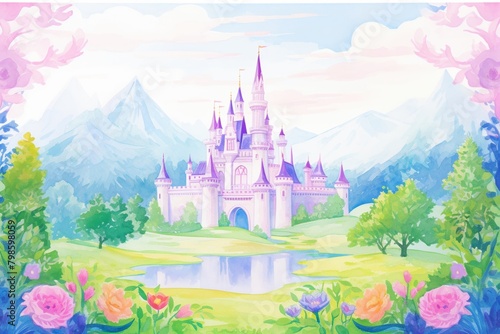 Watercolor painting of a fairy tale castle amid lush gardens, with majestic mountains and serene skies in the background.