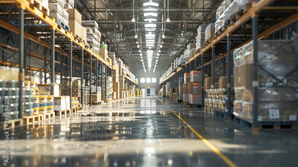 Indoor view of industrial warehouse with high shelves storing goods. Indoor view of industrial warehouse with high shelves storing goods.