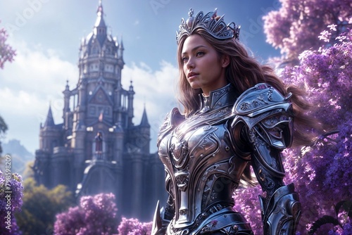 A female knight in armor stands in front of a castle and purple flowers