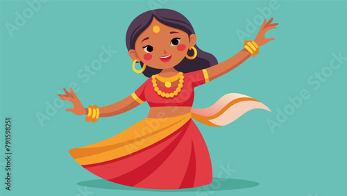 A young girl dressed in a vibrant sari adorned with intricate gold jewelry demonstrating graceful hand movements while performing a Bollywood