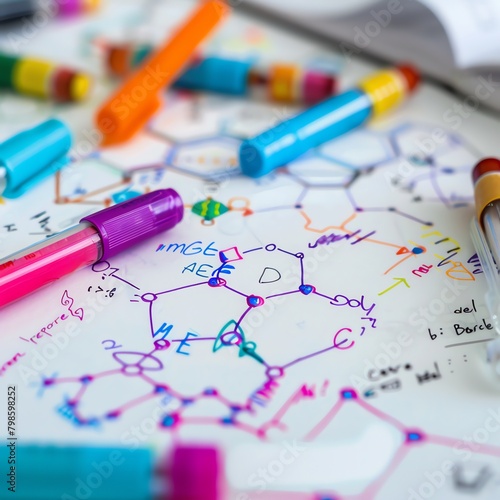 Macro shot of a piece of paper with hand-drawn molecular structures and chemical formulas  surrounded by colorful markers and notes