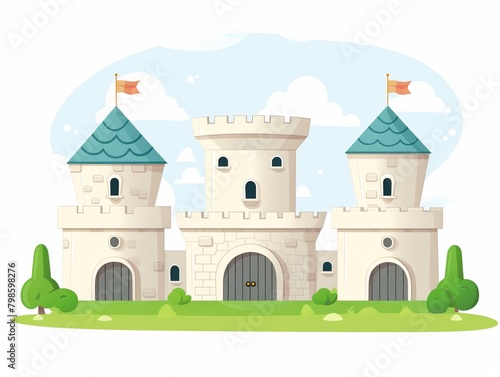 A cartoon illustration of a fairytale castle with towers and flags, set against a backdrop of a clear blue sky and greenery.