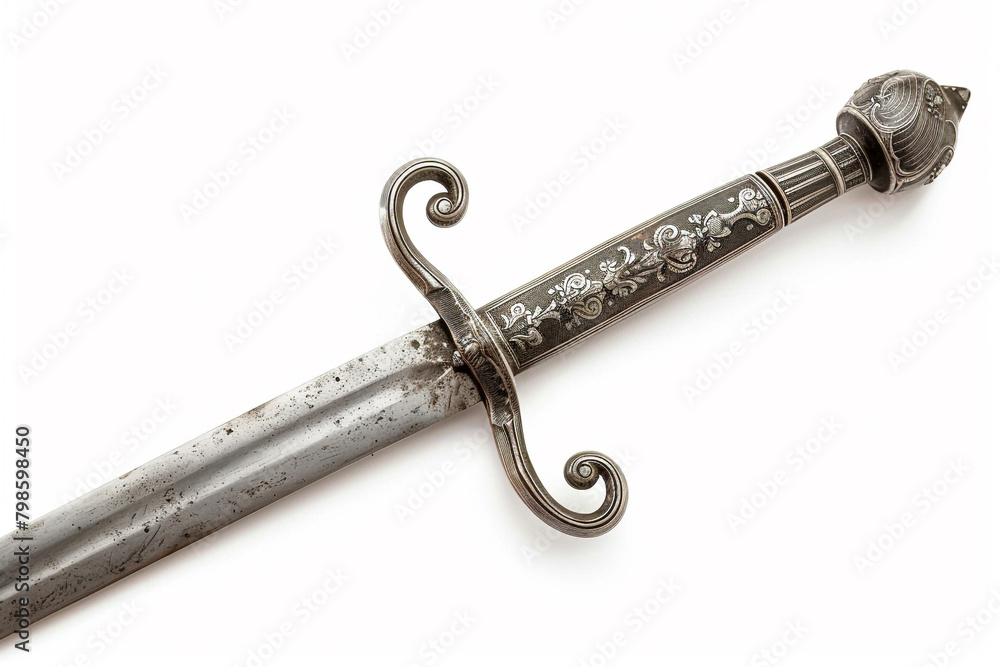 A slender, finely crafted rapier with an engraved guard, isolated on solid white background. A slender, finely crafted rapier with an engraved guard, isolated on solid white background.