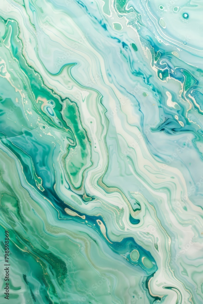 This image showcases a serene fluid art pattern with swirls of turquoise and green resembling natural marble