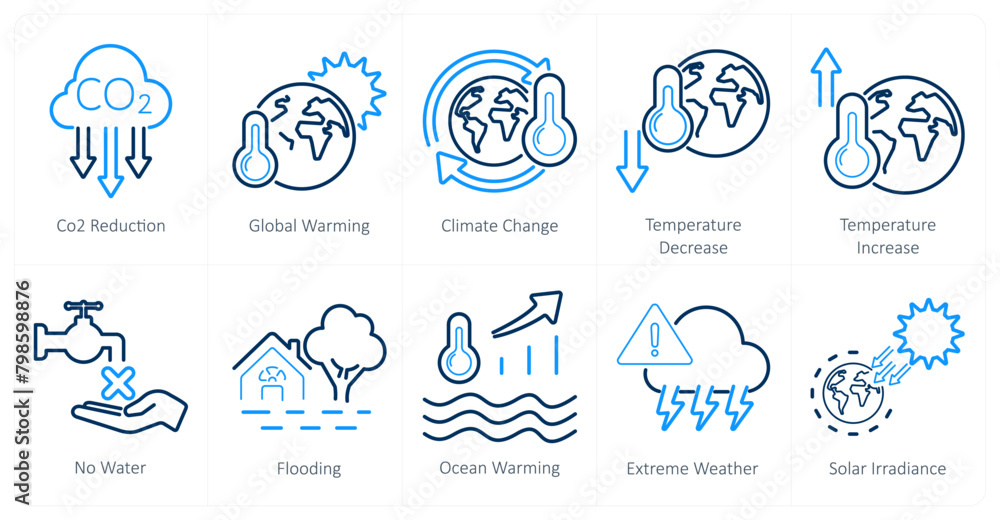 A set of 10 climate change icons as co2 reduction, global warming, climate change