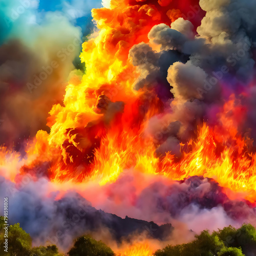 fire in the forest.a massive fire explosion border engulfing the horizon, with vibrant fiery hues illuminating the sky and thick smoke billowing upwards. The illustration should convey a sense of dang