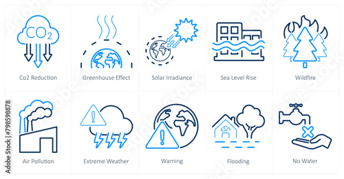 A set of 10 climate change icons as co2 reduction, greenhouse effect, solar irradiance photo