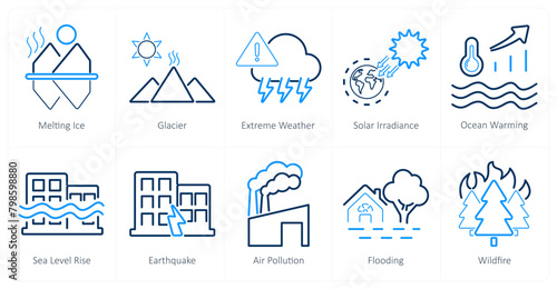 A set of 10 climate change icons as melting ice, glacier, extreme weather