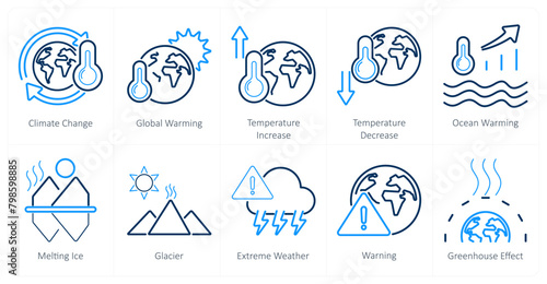A set of 10 climate change icons as climate change, global warming, temperature increase