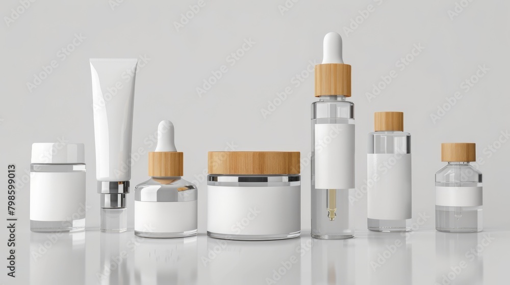 Plastic and wooden or bamboo cosmetics bottles mockup with blank labels, organic eco-friendly products and recyclable packages, minimalistic design for presentation, AI generated image Plastic and wooden or bamboo cosmetics bottles mockup with blank labels, organic eco-friendly products and recyclable packages, minimalistic design for presentation, AI generated image