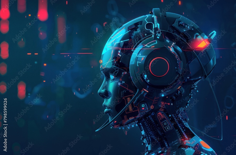 3D rendering. Robot wearing futuristic headphones. Artificial intelligence concept