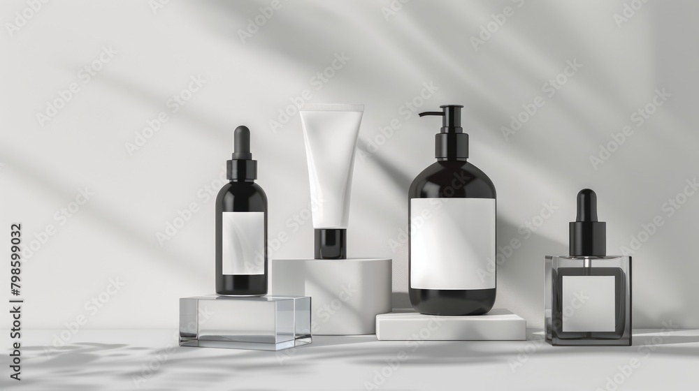 Plastic and glass cosmetics bottles and tubes empty blank labels mockup for products promo and presentation, background with copy space, beauty and eco organic skincare concept, AI generated image Plastic and glass cosmetics bottles and tubes empty blank labels mockup for products promo and presentation, background with copy space, beauty and eco organic skincare concept, AI generated image