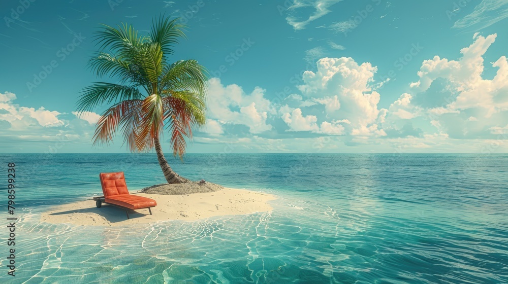 A red lounge chair is on a small island in the ocean, Summer vacation on tiny sand island