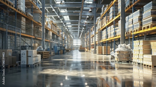 Indoor view of industrial warehouse with high shelves storing goods.