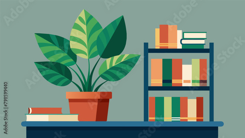 A Chinese Evergreen plant sitting on a bookshelf its beautiful variegated leaves purifying the air while adding a touch of greenery to the room