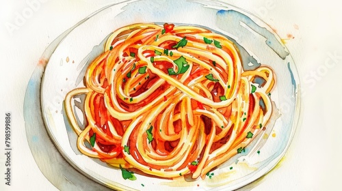 A watercolor painting of a minimal plate of spaghetti, noodles tangled charmingly, on a white background