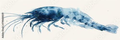 A watercolor painting of a minimal krill, tiny and simple against the vast ocean, on a white background