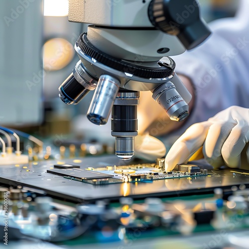 Detailed view of a technician using a stereo microscope to inspect electronic components, highlighting the equipment's precision in 3D observation.