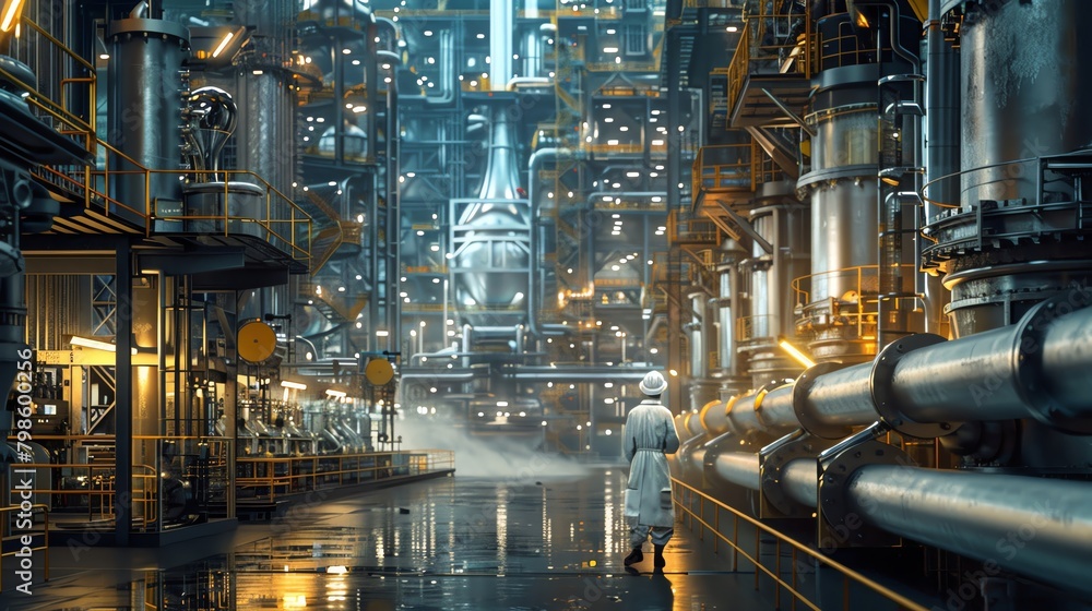 Detailed industrial scene of a chemist monitoring a complex pump system with intricate pipes and gauges, in a large chemical plant Detailed industrial scene of a chemist monitoring a complex pump system with intricate pipes and gauges, in a large chemical plant