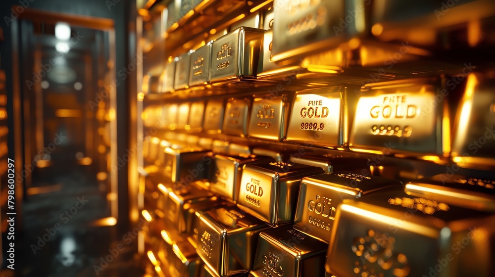 Dramatic 3D scene of a vault filled with stacks of gold bars, the door ajar, illuminating the gold's gleam as a secure investment Dramatic 3D scene of a vault filled with stacks of gold bars, the door ajar, illuminating the gold's gleam as a secure investment