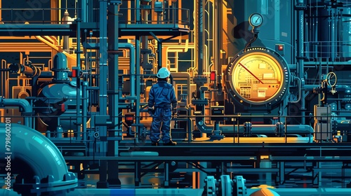 Detailed industrial scene of a chemist monitoring a complex pump system with intricate pipes and gauges, in a large chemical plant