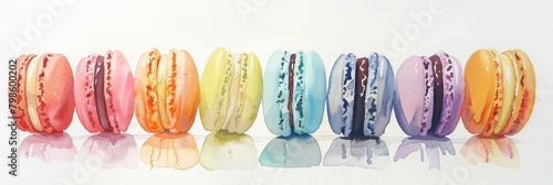 A watercolor painting of a clean display of macarons, in pastel colors lined up neatly, on a white background