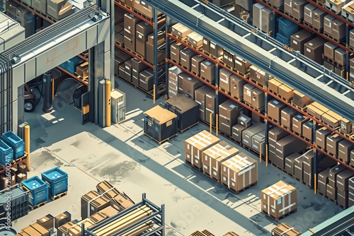 Design a warehouse scene using vector graphics, featuring a birds-eye perspective with crisp lines and a modern aesthetic Highlight the flow of logistics with pallets, boxes, and efficient layout,