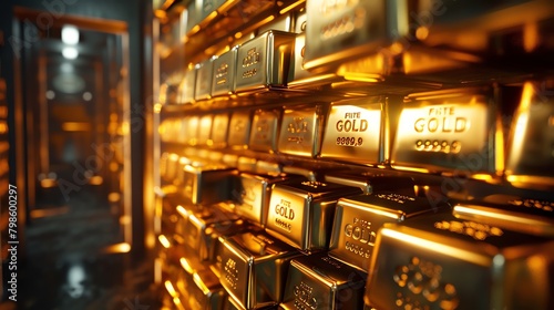 Dramatic 3D scene of a vault filled with stacks of gold bars, the door ajar, illuminating the gold's gleam as a secure investment