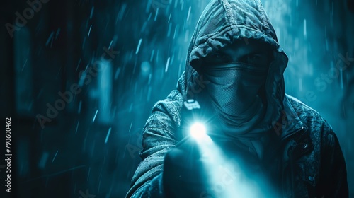 Dramatic portrayal of a bank heist in progress with a figure in a hood and mask, highlighted only by the light from a flashlight photo