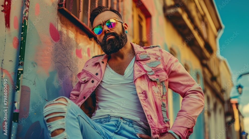 Obraz premium Adult man with beard dressed in bold jacket and jeans, hipster guy in multicolored glasses and vivid clothes standing outdoor on city street, AI generated
