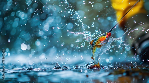 Dynamic action shot of an angler casting a line with vibrant fishing lures, water splashing dramatically as the bait hits the surface photo