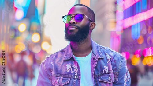 Adult black man with beard dressed in bold purple jacket, hipster guy in multicolored glasses and vivid fashionable clothes standing outdoor on city street, AI generated