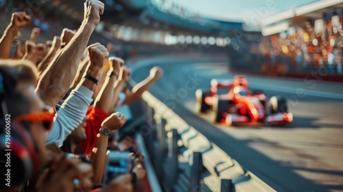 Dynamic image of a diverse group of spectators cheering loudly at a racetrack as a driver speeds by, captured in vibrant colors photo