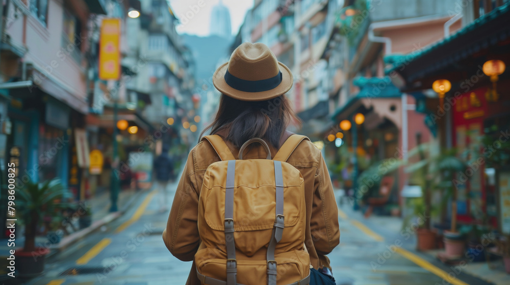 Obraz premium Rear view of young Asian traveling women walking in the city, traveler and tourist concept, generative ai