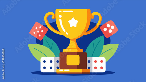 A handcrafted game piece trophy complete with a miniature dice and playing cards sits on a shelf as a symbol of victory and family