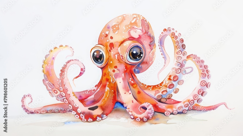 A watercolor painting of a kawaii octopus, with big, round eyes and a ...