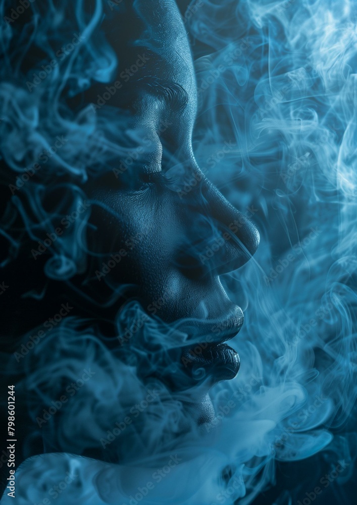 Mysterious Portrait of Person with Dramatic Blue Smoke and Dark Background Mysterious Portrait of Person with Dramatic Blue Smoke and Dark Background