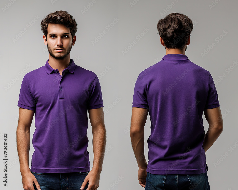 Front and back views of a man wearing a purple polo shirt mockup template Front and back views of a man wearing a purple polo shirt mockup template