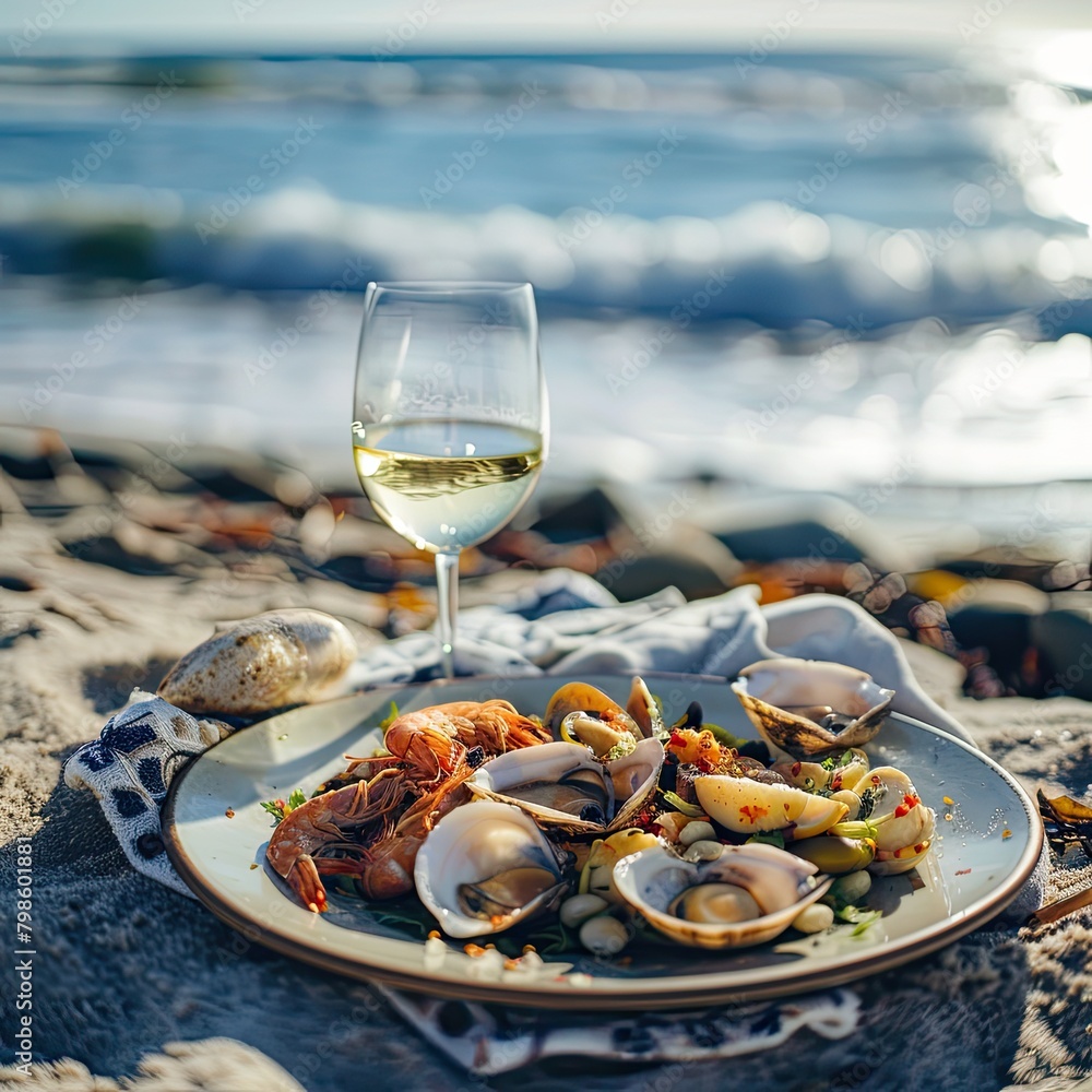 Seaside Picnic, Seafood and Wine on Ocean Shore Blanket Seaside Picnic, Seafood and Wine on Ocean Shore Blanket