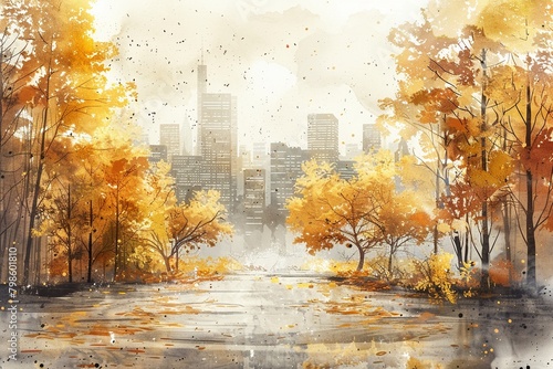 A captivating watercolor illustration of an autumn city park landscape, rendered in light yellow tones with an abstract view, ideal for a letterhead with a nature motif 8K , high-resolution, ultra HD, photo