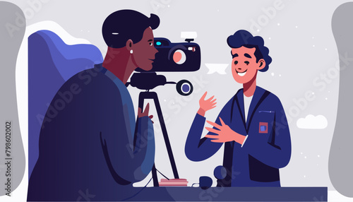 Illustration of a man with a camera and person at interview