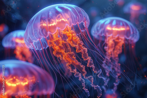 Luminescent jellyfish pulsating rhythmically in the depths of a bioluminescent abyss.