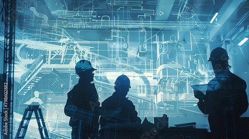 Worker silhouettes overlaid with blueprint sketches and technical drawings, showcasing the expertise and skill required in industrial professions photo
