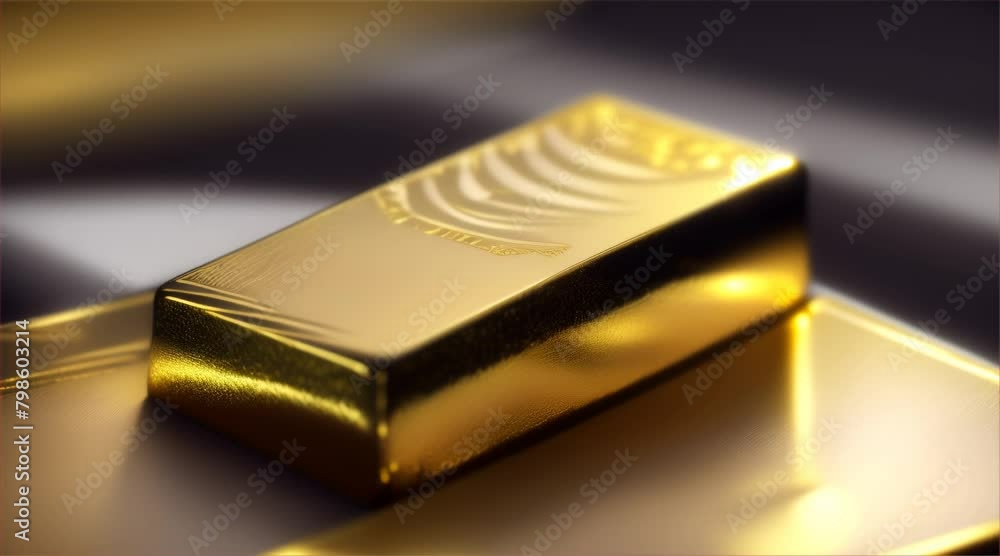 Stack of gold bars on black background with 3D metallic design and reflection.