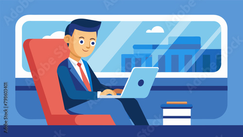 A businessman catching up on work emails on his laptop while riding the train utilizing his commute time efficiently.