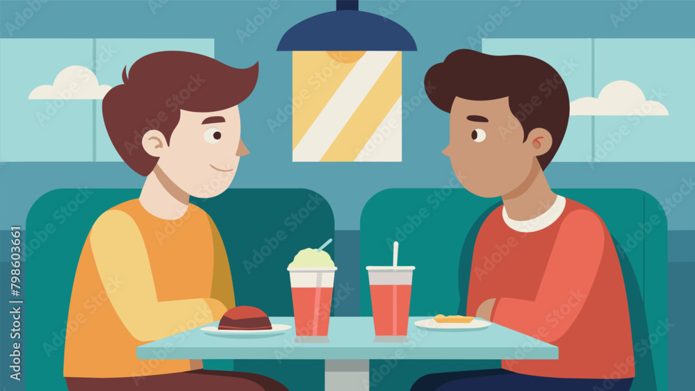In the cozy atmosphere of the diner two friends sit side by side their shoulders touching as they talk about the struggles of adulthood and finding. Vector illustration In the cozy atmosphere of the diner two friends sit side by side their shoulders touching as they talk about the struggles of adulthood and finding. Vector illustration