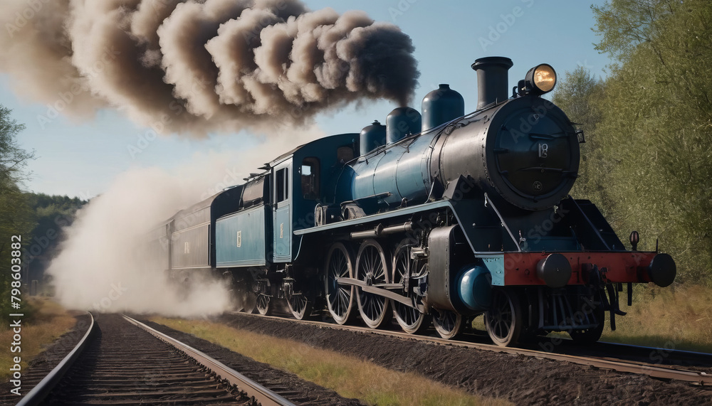 Obraz premium An old locomotive moves quickly along the tracks.