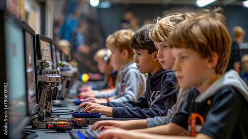 Children in a robotics workshop using advanced software on computers to design their projects, with a focus on peaceful and productive collaboration