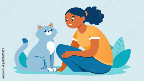 A volunteer sitting with a shy cat in their lap softly singing and petting it while chatting with another volunteer about their past experiences with. Vector illustration photo