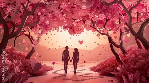 A couple walks hand in hand under a canopy of cherry blossoms, their path shaped like a heart, embodying the essence of romance, paper art style concept